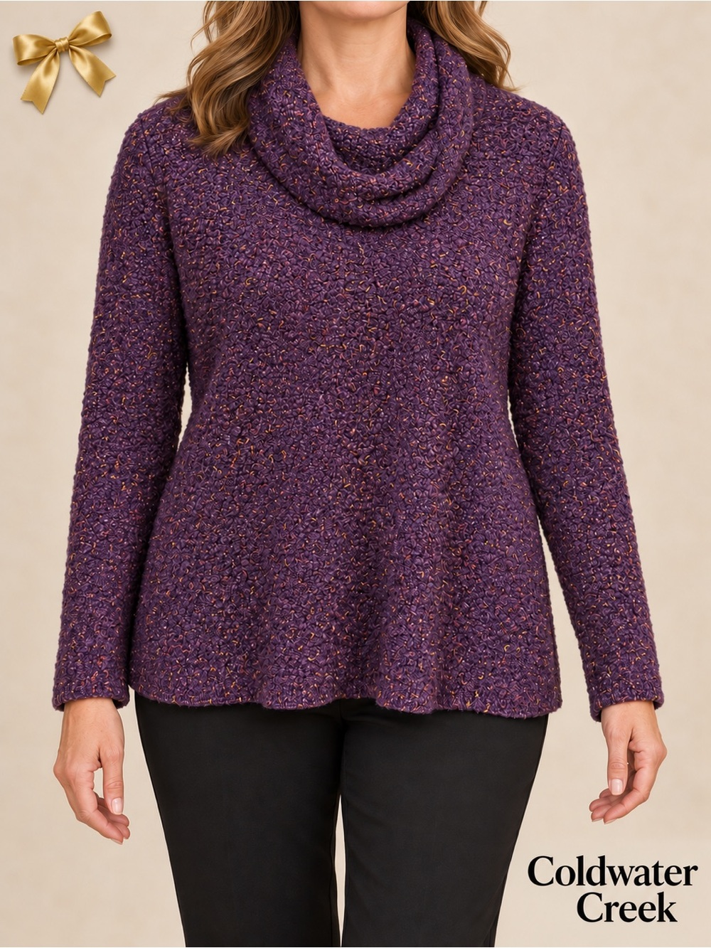Coldwater Creek Textured Purple Speckled Bouclé Cowl Neck Sweater Large